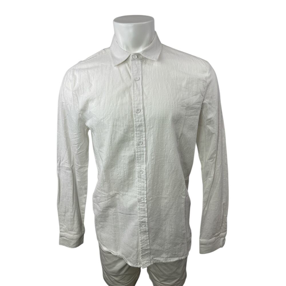 Apraw Men's White Linen Collared Long Sleeve Button Down Dress Shirt Top Size M